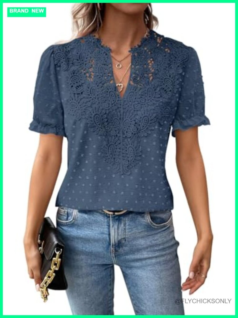 Womens Chiffon Boho Blouse V Neck Short Sleeve Lace Hem Tunic Top